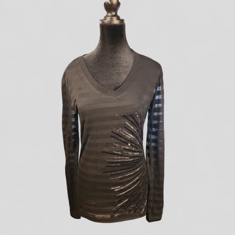 ROCK & ROLL COWGIRL | Black Sequin Burnout Stripe Sleeves Goth Festival LS | L